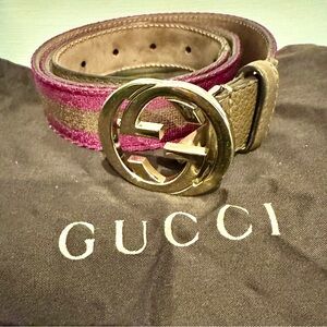 Gucci Fuchsia&Brown Web Belt w/Gold Interlocking G Size 80/32 (pre-owned auth.)